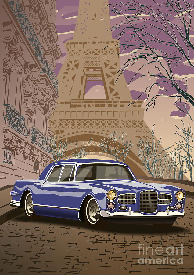 Facel Vega - Paris est a nous. Classic Car Art Deco Style Poster Print Blue Edition Painting by Moospeed Art