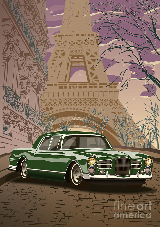 Facel Vega - Paris est a nous. Classic Car Art Deco Style Poster Print Green Edition Digital Art by Moospeed Art