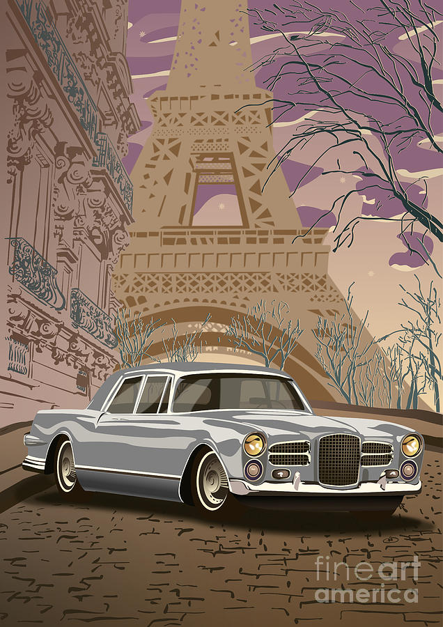 Facel Vega - Paris est a nous. Classic Car Art Deco Style Poster Print Grey Edition Digital Art by Moospeed Art