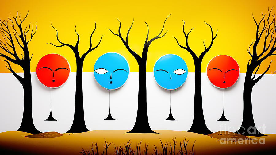 Faces among the trees against a yellow and white background. Digital Art by Odon Czintos