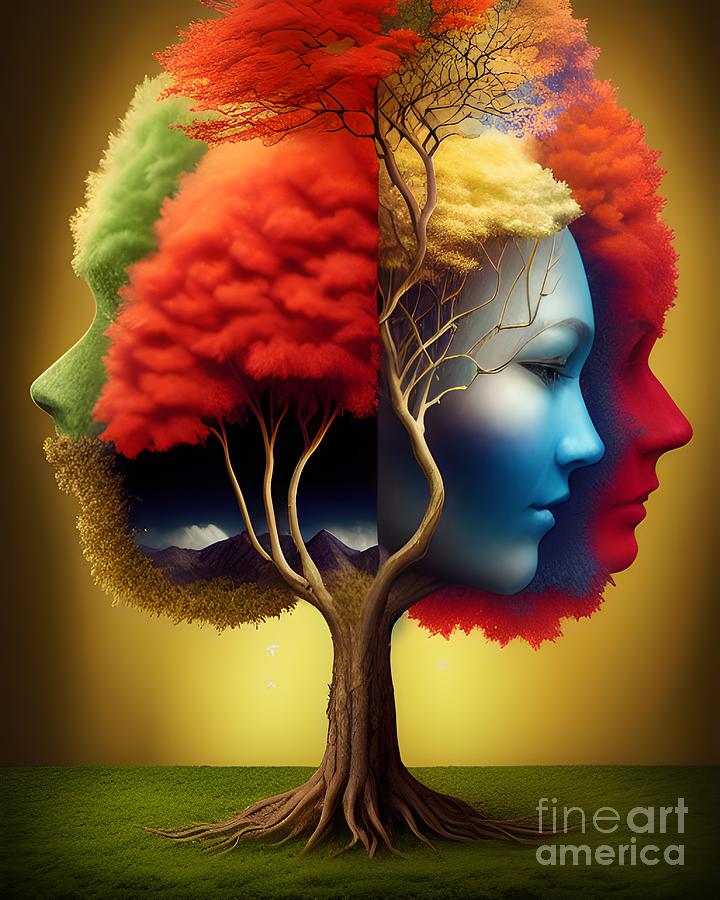 Faces, Trees, and Seasons -  An Artistic Tribute to the Wonders of Nature Mixed Media by Artvizual Premium