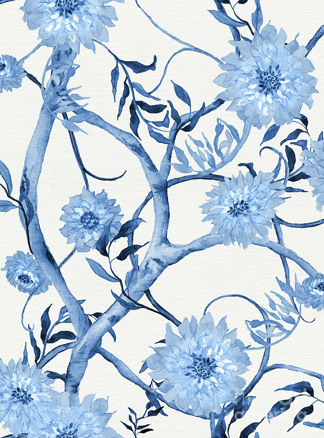 Faded Glory Chinoiserie - Floral Pattern 7 Blue, and White Painting by Audrey Jeanne Roberts
