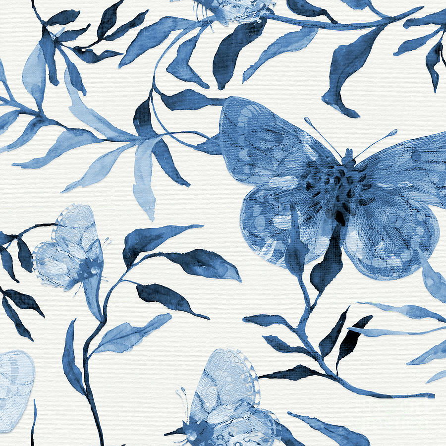 Faded Glory Chinoiserie - Floral Still Life 6 Blue and White Painting by Audrey Jeanne Roberts