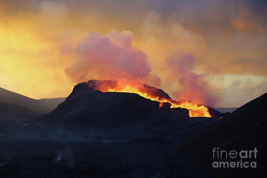 Winter Photograph - Fagradalsfjall Volcano and the Midnight Sun by Shanna Vincent