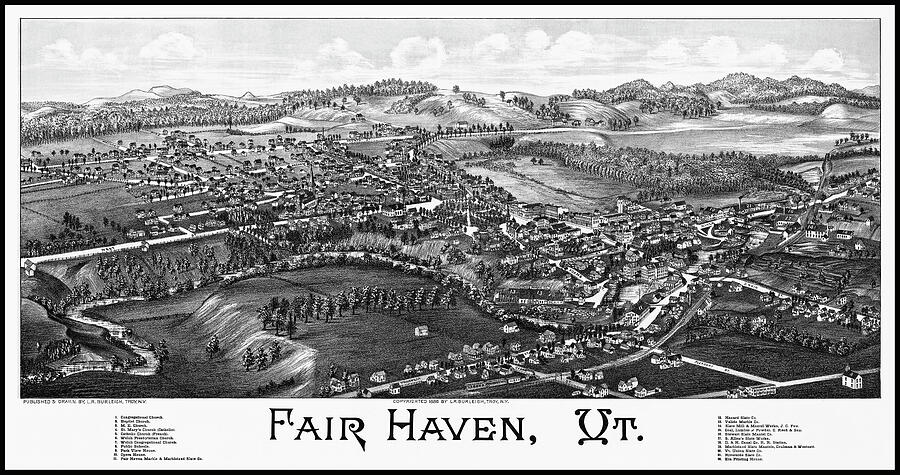 Fair Haven Vermont Antique Vintage Map Aerial View 1886 Black and White ...