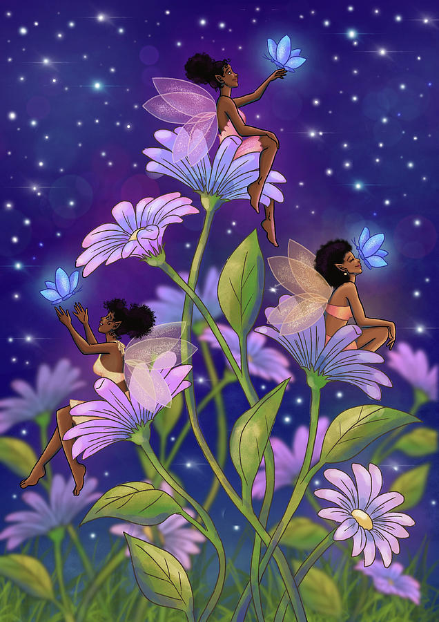 Fairies and butterflies on flowers at night Digital Art by Afua's