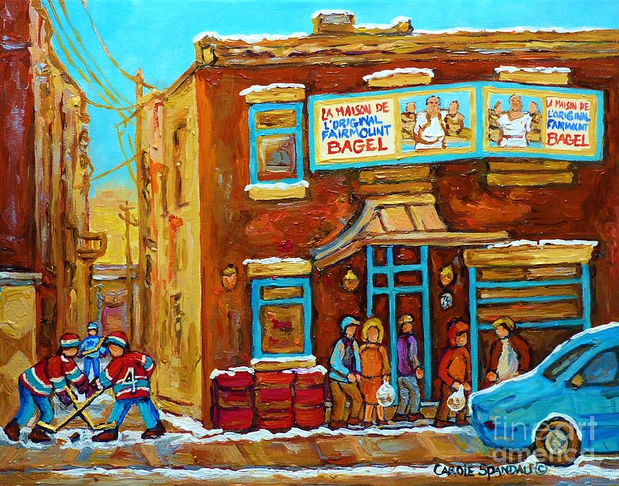 Fairmount Bagel Shop In Winter  With Hockey Kids Montreal Landmarks And Store Front Artist C Spandau Painting by Carole Spandau