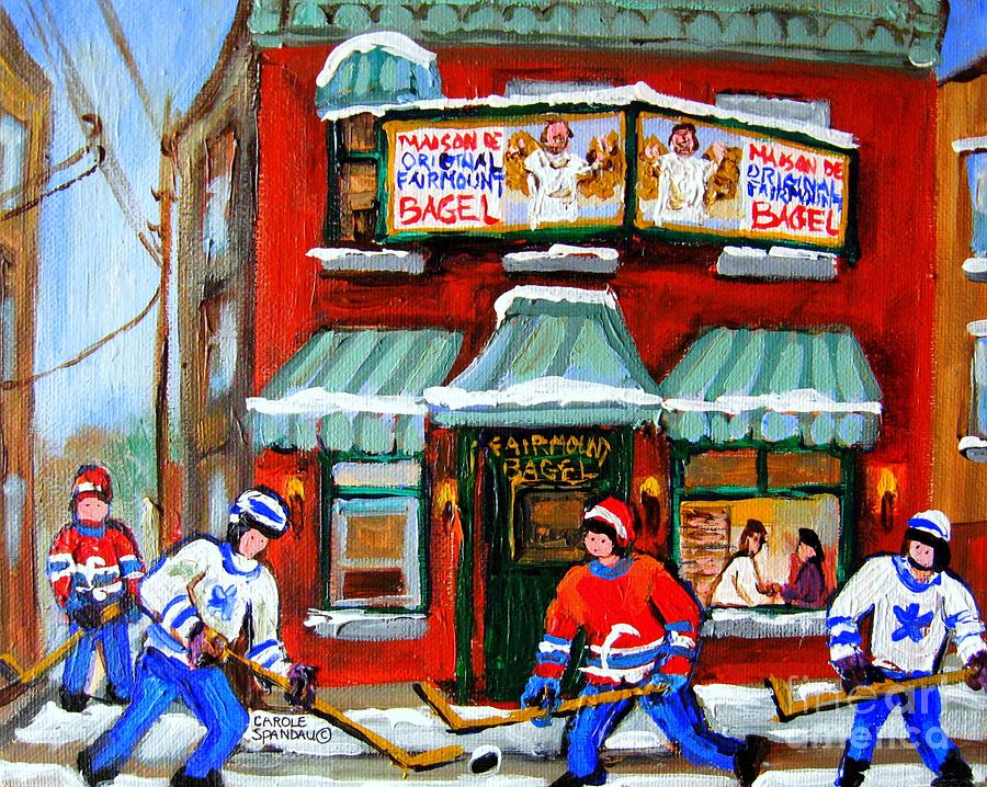 Montreal Canadiens Painting - Fairmount Bagel Street Hockey Game Montreal Winter Scene Fun In The City Carole Spandau Artist by Carole Spandau