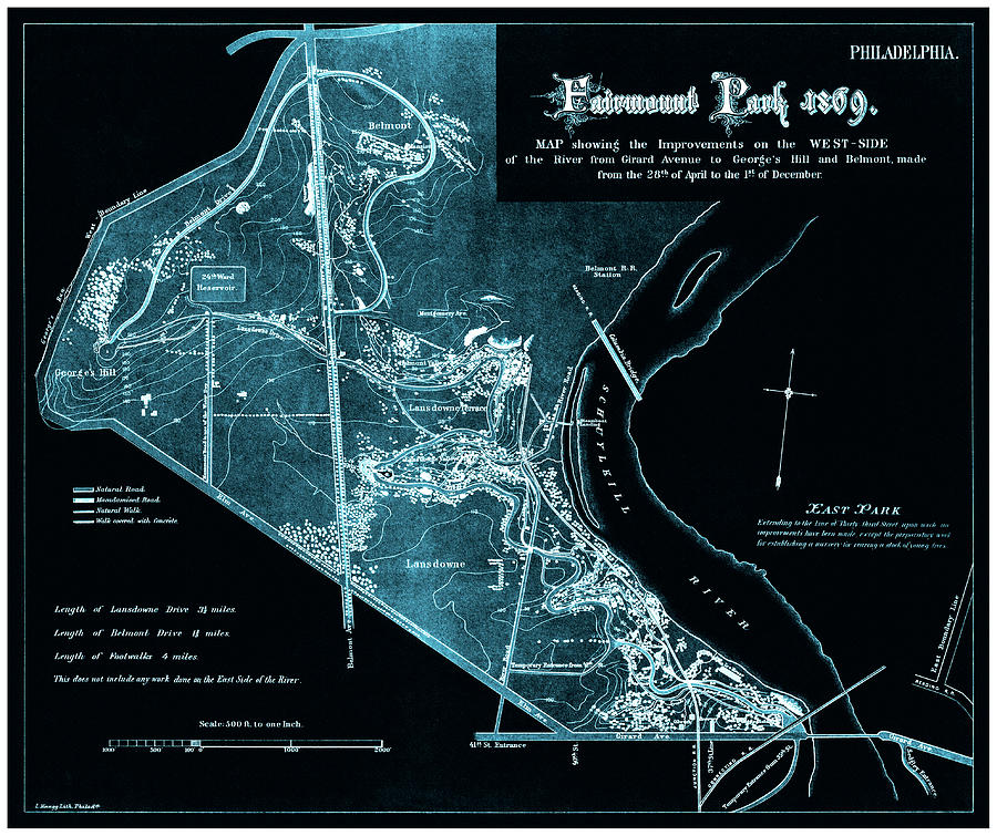 Philadelphia Photograph - Fairmount Park Philadelphia Vintage Map 1869 Black and Blue by Carol Japp