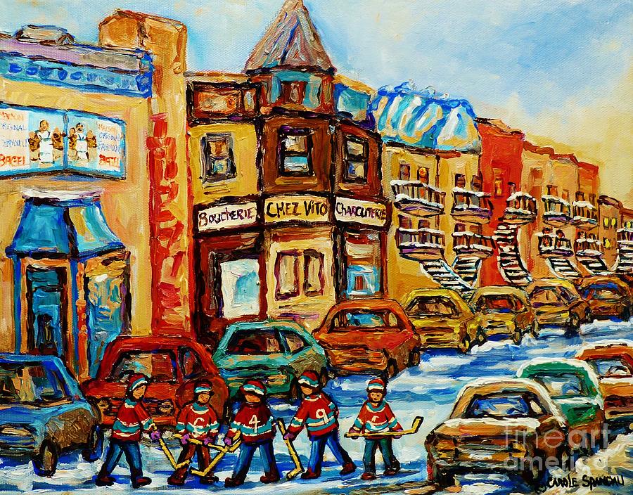 From Fairmount Bagel To Chez Vito Montreal Street In Winter Hockey Fun By Canadian Artist C Spandau Painting by Carole Spandau