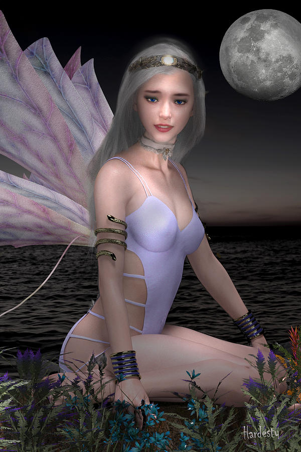 Fairy in moonlight by sea Digital Art by David Hardesty