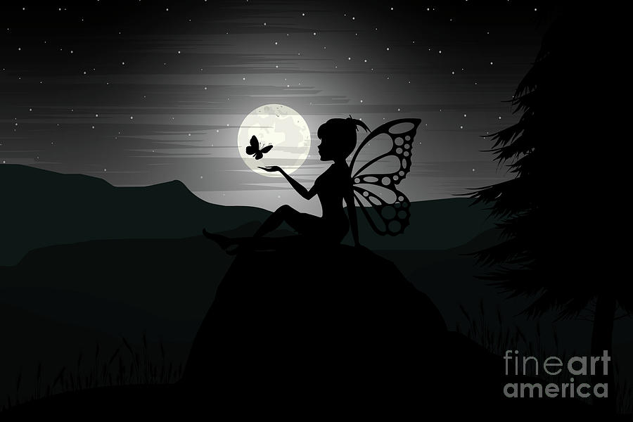 Fairy Silhouette, Magical Fairytale Night Sky Digital Art by Amusing DesignCo