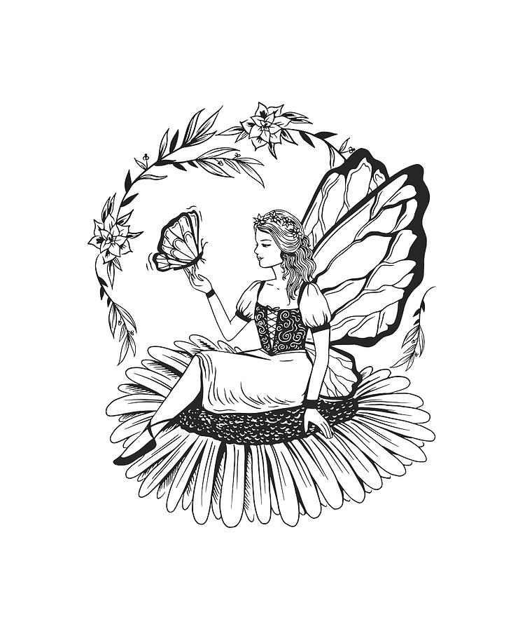 Fairy sitting in a flower detailed drawing Digital Art by Norman W