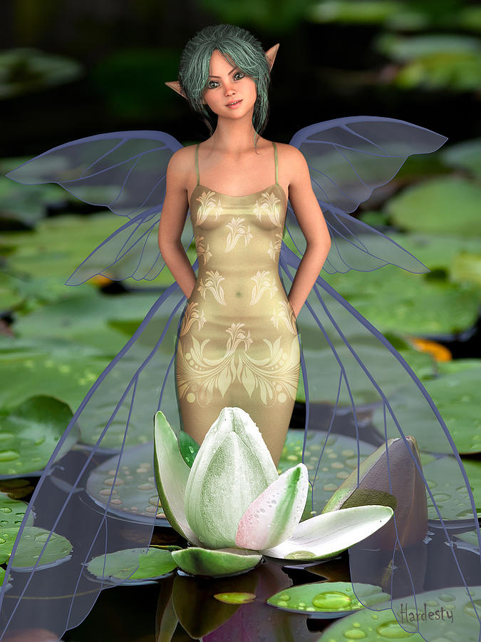 Fairy standing in a lily pond Digital Art by David Hardesty
