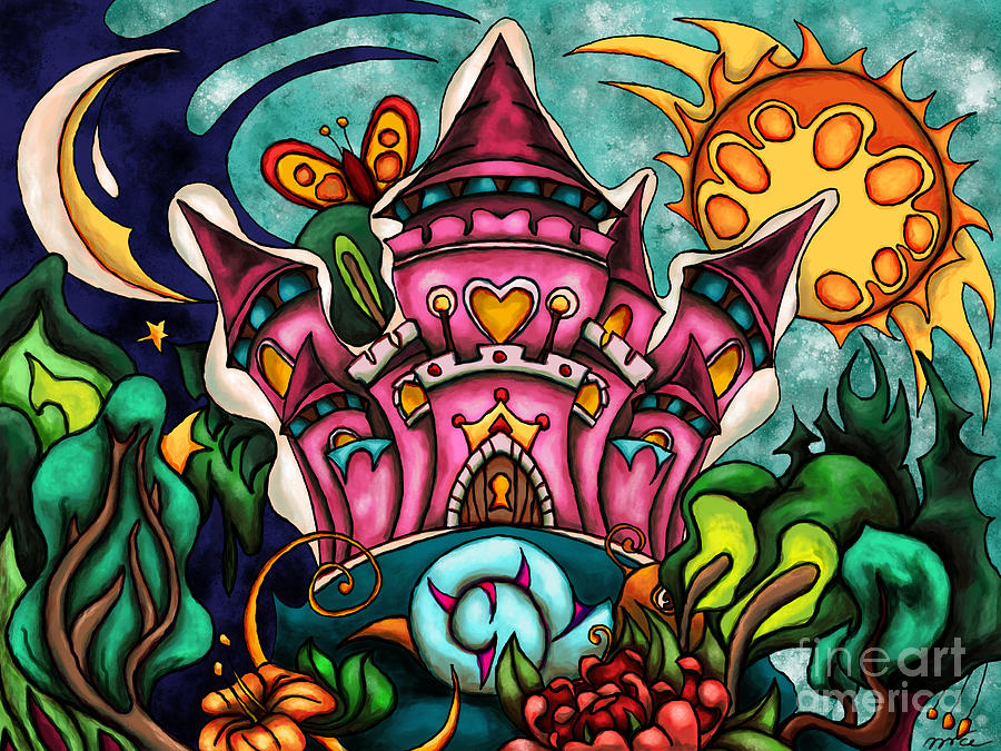 Fairy tale princess castle, cartoon pink castle Painting by Nadia CHEVREL