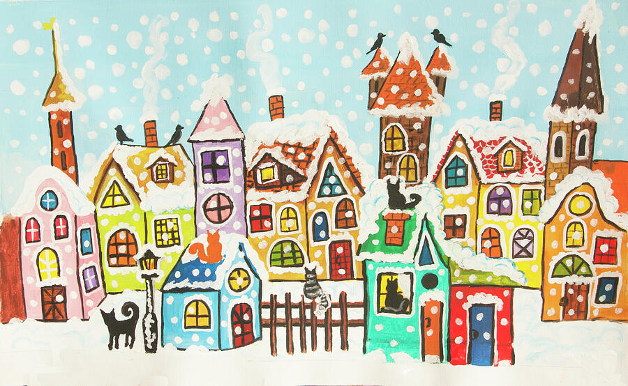 Fairy town in winter painting Painting by Irina Afonskaya