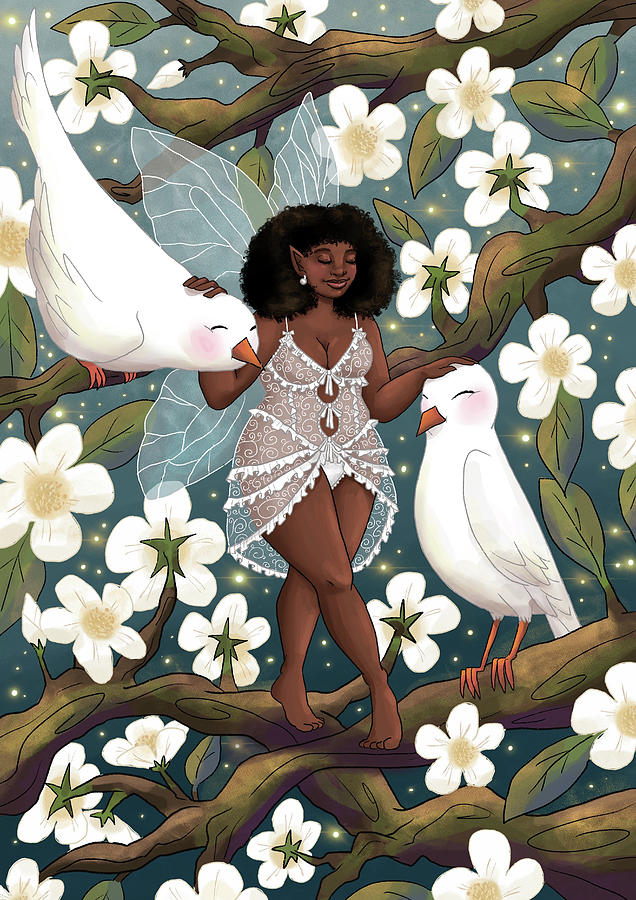 Fairy Digital Art - Fairy with birds on blooming tree branch, illustration by Afuas Drawing Corner