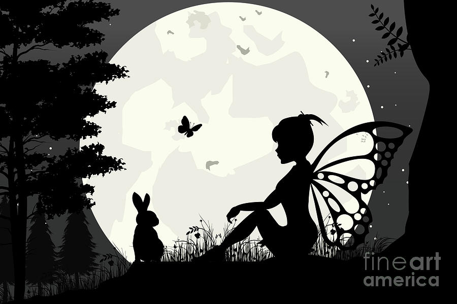 Fairy With Bunny Silhouette, Fantasy Nature Digital Art by Amusing DesignCo