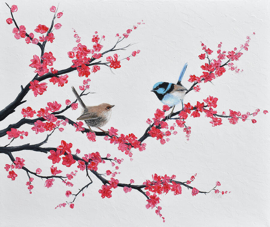 Fairy Wrens and Japanese Cherry Blossom painting Painting by Jan Matson Fairy Wrens and Japanese Cherry Blossom painting Painting by Jan Matson