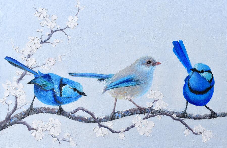 Fairy Wrens and white blossom branches Painting by Jan Matson Fairy Wrens and white blossom branches Painting by Jan Matson