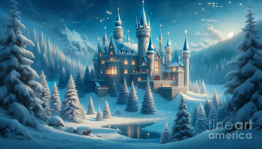 Castle Digital Art - Fairytale Castle in Winter, A snow-covered castle in a magical winter landscape by Jeff Creation