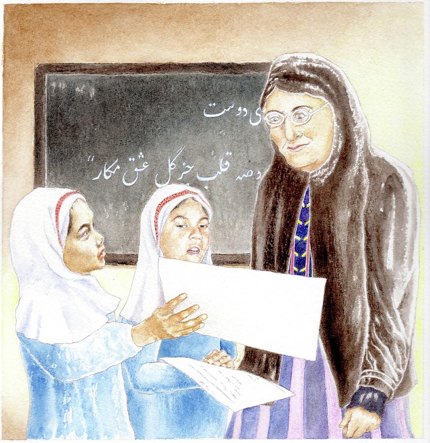 Faizih Khanum and pupils of one the first girls schools in Persia.which she had helped establish. Painting by Sue Podger