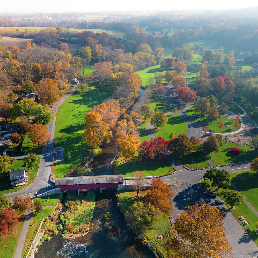 Fall Aerial Covered Bridge Park and Wehrs Dam Photograph by Jason Fink