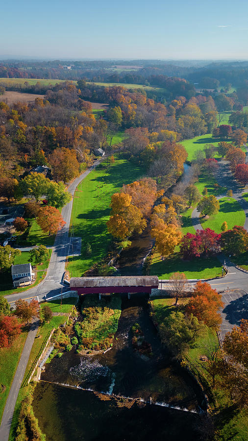 Fall Aerial Covered Bridge Park and Wehrs Dam Portrait Photograph by Jason Fink