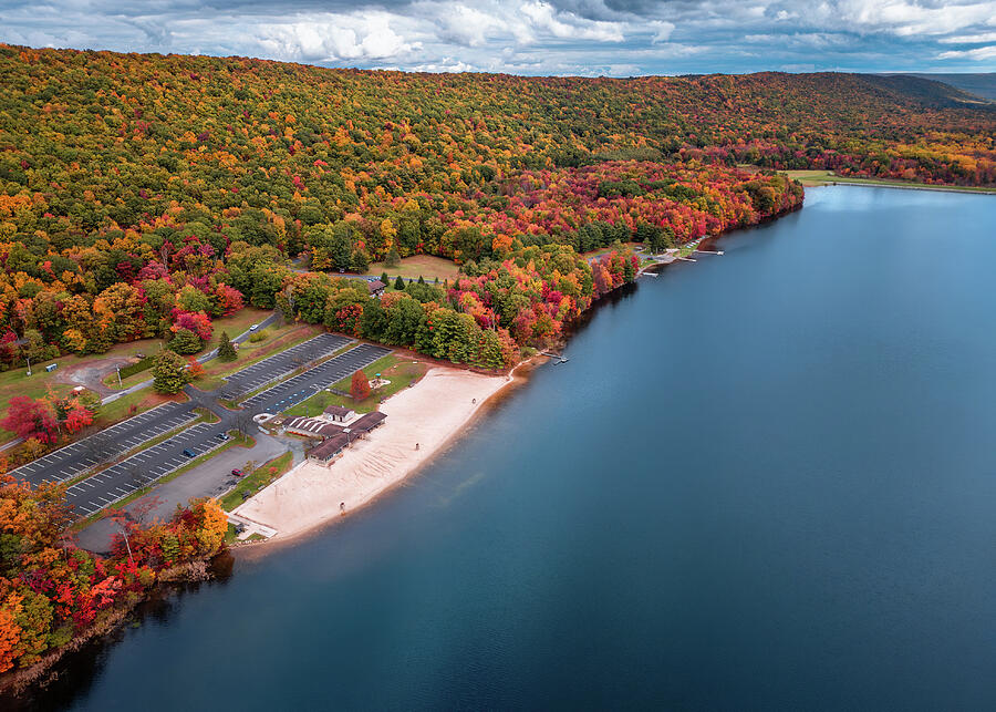 Fall Aerial Mauch Chunk Lake Beach and Landscape Photograph by Jason Fink