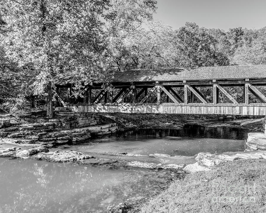 Fall At An Ozarks Covered Bridge Grayscale Photograph by Jennifer White