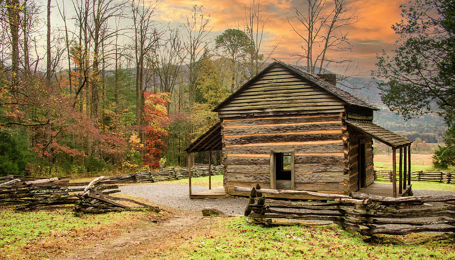 Fall at the John Oliver Cabin, Cades Cove Photograph by Marcy Wielfaert