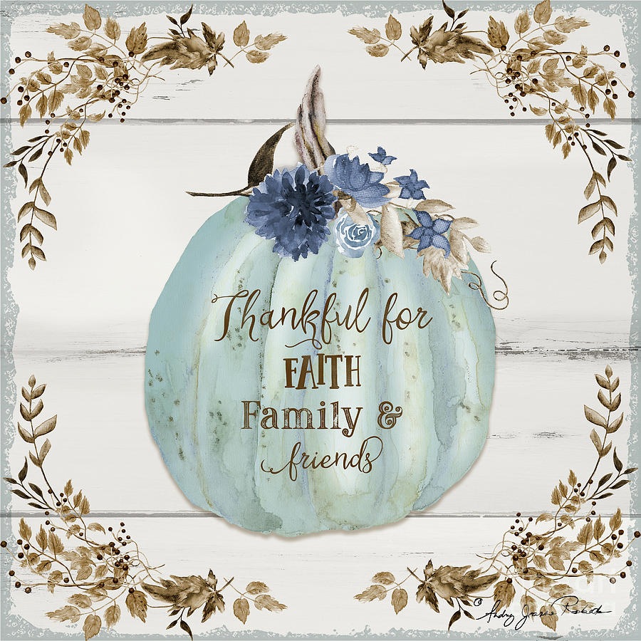 Fall Autumn Blue Pumpkin Faith Family n Friends Rustic Wood Painting by Audrey Jeanne Roberts