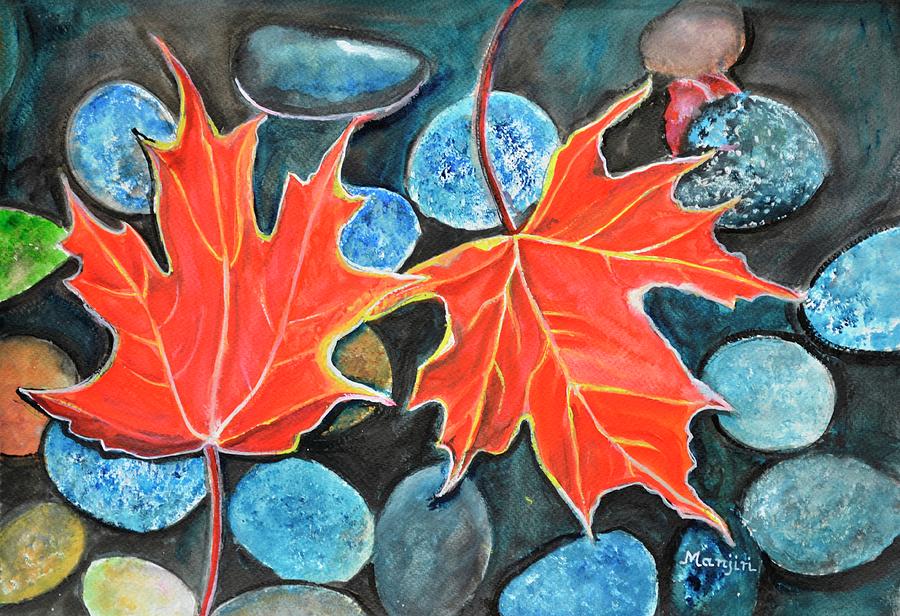 Fall Autumn Leaves  on pebbles Painting by Manjiri Kanvinde
