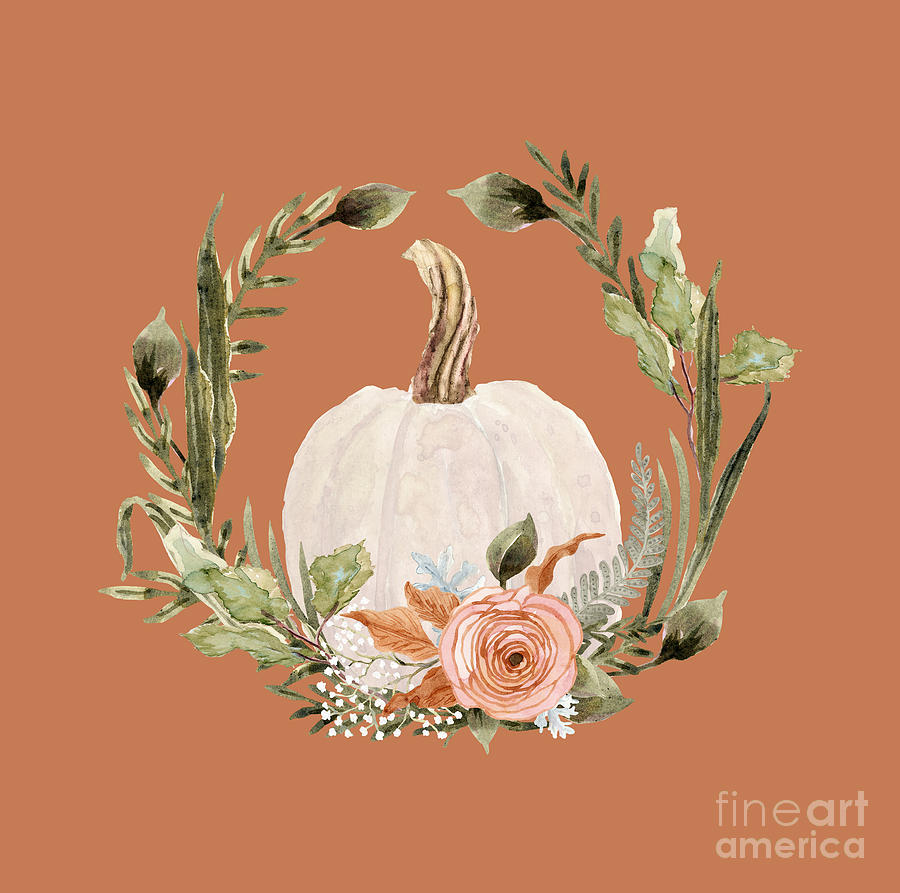 Fall Autumn Pumpkin Terracotta and Peach Floral Moss Green Foliage Painting by Audrey Jeanne Roberts