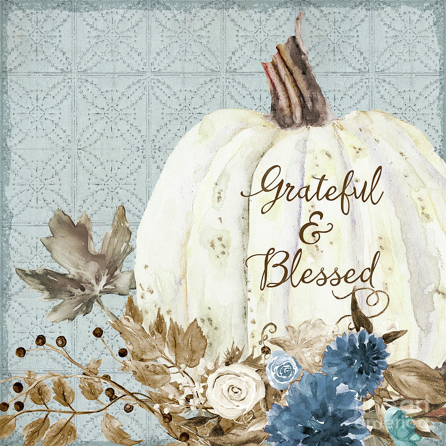 Fall Autumn White Pumpkin Grateful and Blessed Watercolor Dusty Blue Navy Brown Painting by Audrey Jeanne Roberts