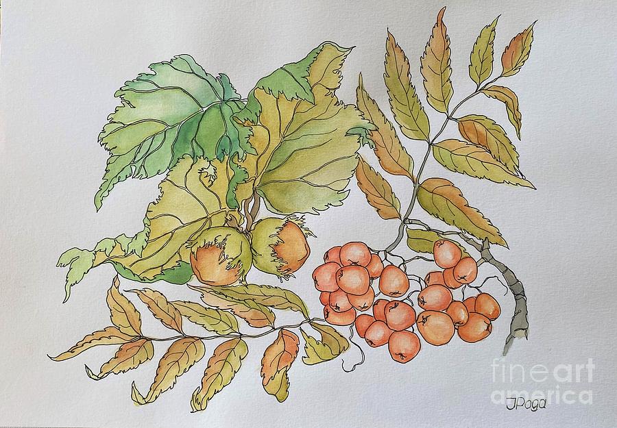 Fall berries and leaves Painting by Inese Poga