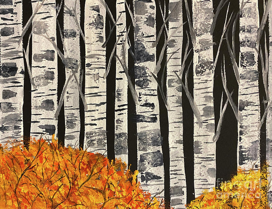 Fall Birches at Night Painting by Lisa Neuman