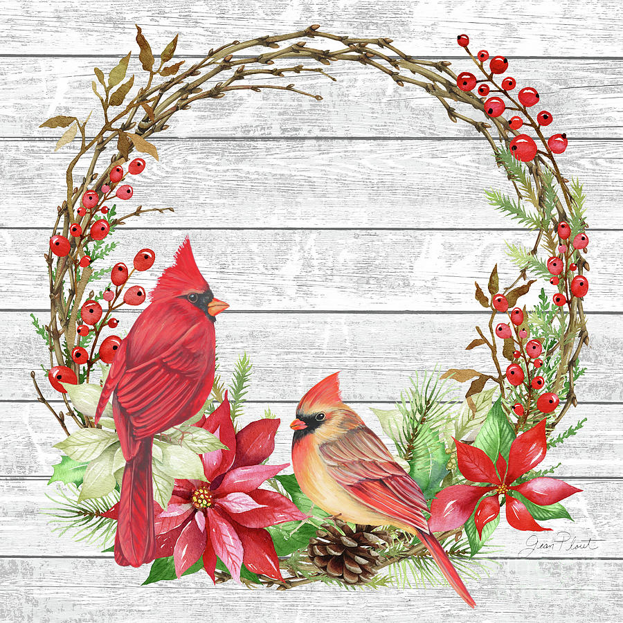 Cardinal Christmas Wreath Painting by Jean Plout