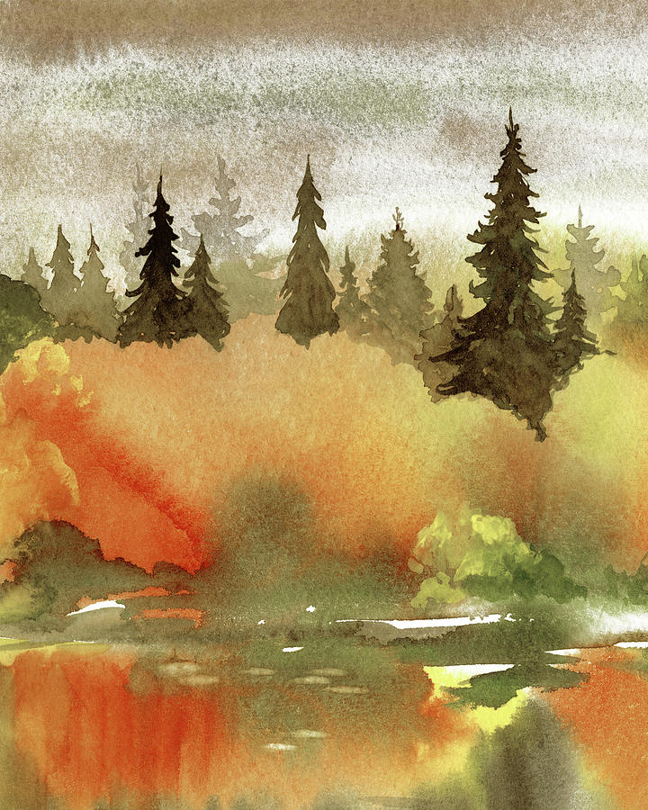 Fall Colors Autumn Watercolor Landscape Trees Reflections Calm Warm Tones I Painting by Irina Sztukowski