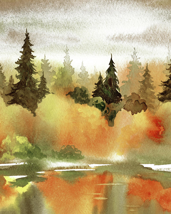 Fall Colors Autumn Watercolor Landscape Trees Reflections Calm Warm Tones II Painting by Irina Sztukowski