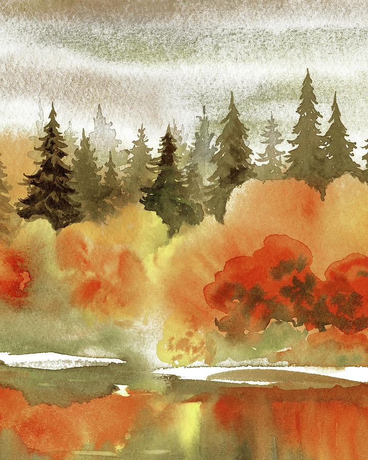 Fall Colors Autumn Watercolor Landscape Trees Reflections Calm Warm Tones III Painting by Irina Sztukowski