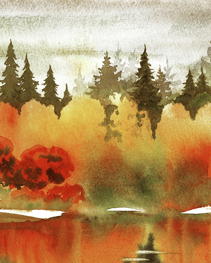 Fall Colors Autumn Watercolor Landscape Trees Reflections Calm Warm Tones IV Painting by Irina Sztukowski