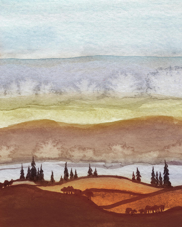 Fall Colors Autumn Watercolor Landscape With Hills And Trees Warm Tones III Painting by Irina Sztukowski