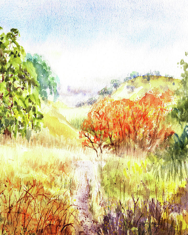 Fall Colors Autumn Watercolor Landscape With Path Calm Warm Tones Painting by Irina Sztukowski