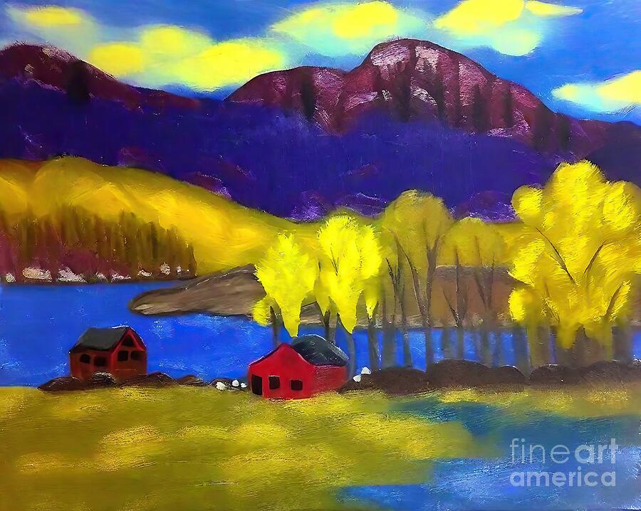 Tree Painting - Fall Cottonwoods Painting Trees river water barn house home mountain fall farm rock serene art artist bark blue brush forests plant red sky trees woods yellow clouds landscape mountains painting by N Akkash