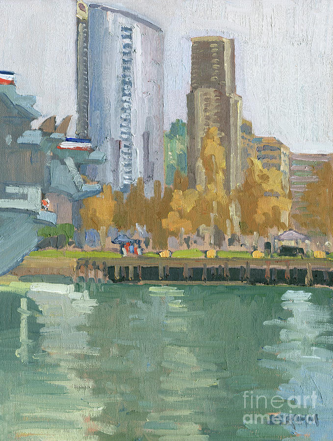 Fall Day at the Embarcadero by the USS Midway Aircraft Carrier- Downtown San Diego, California Painting by Paul Strahm
