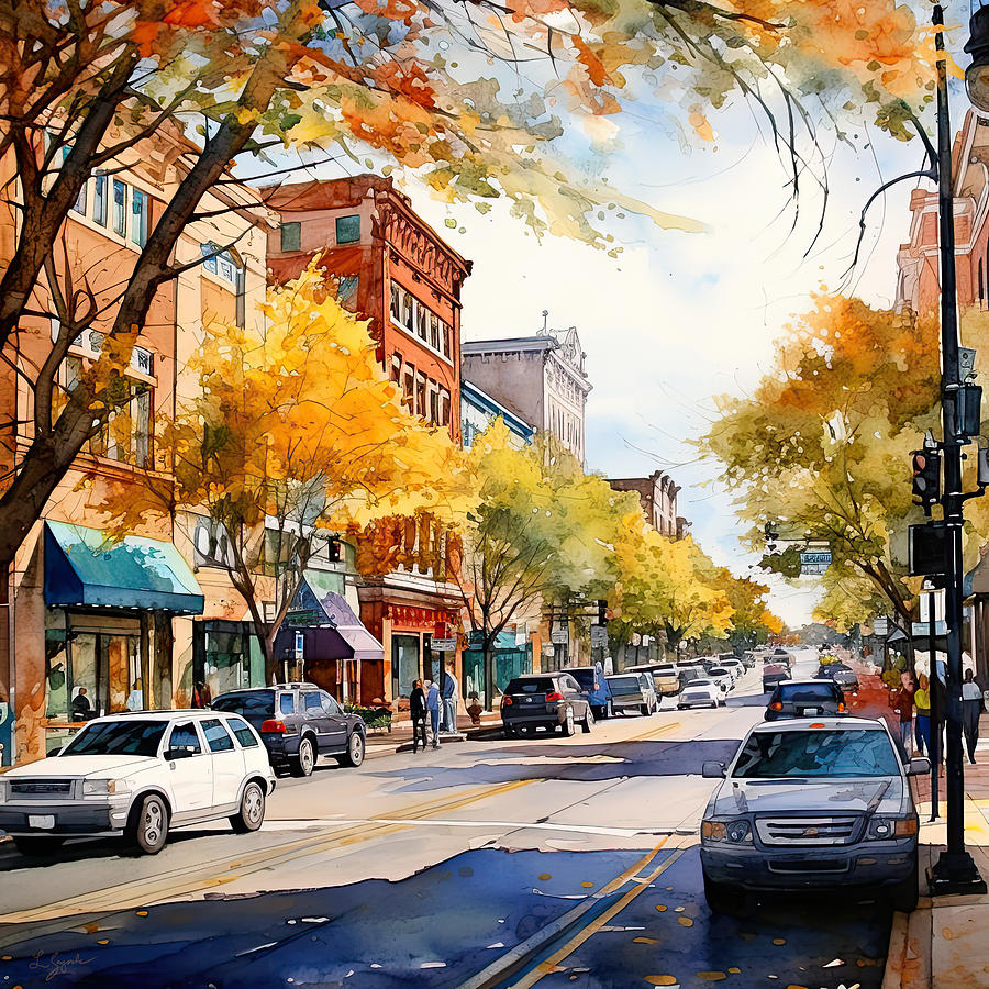 Fall Downtown Stores  Painting by Lourry Legarde