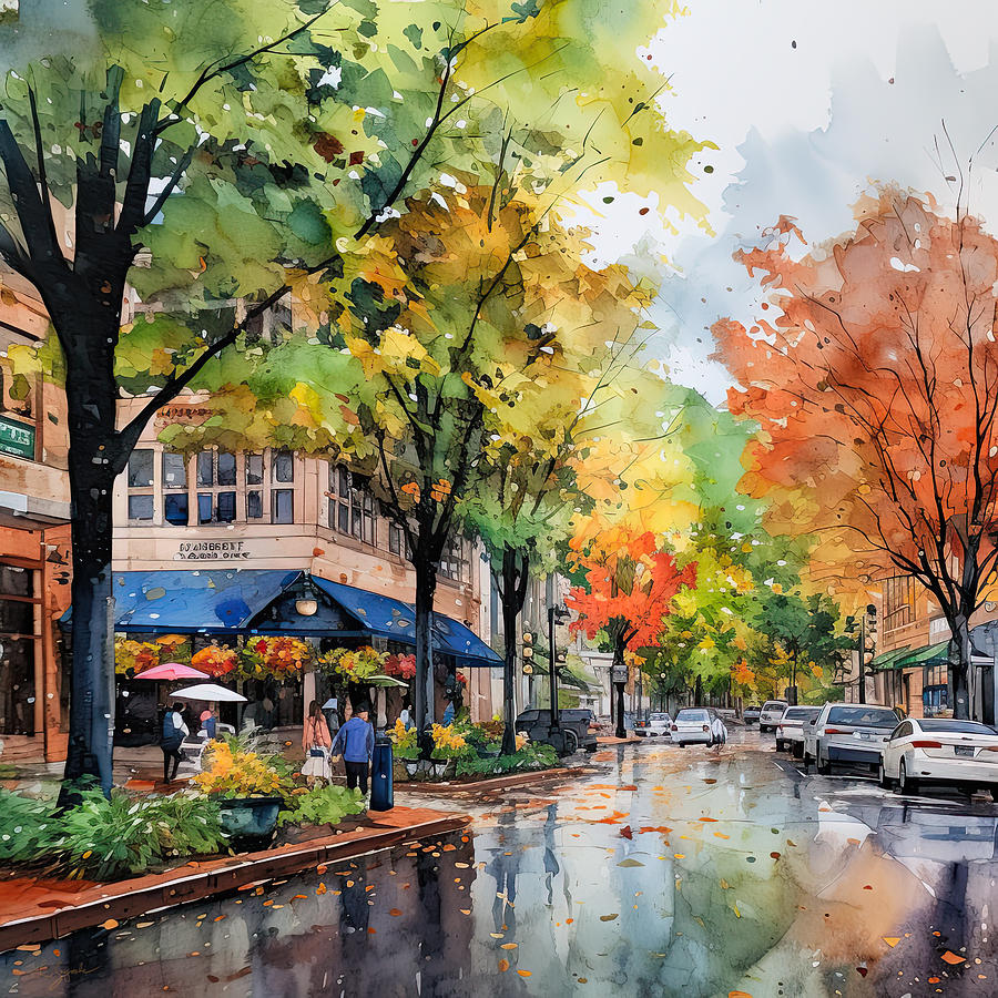 Fall Foliage and Downtowns - Watercolor Impressionist Paintings Painting by Lourry Legarde