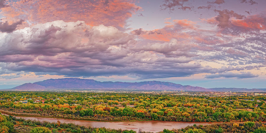 Fall Foliage Panorama of Albuquerque and Sandia Mountains - West Bluff Park New Mexico  Photograph by Silvio Ligutti