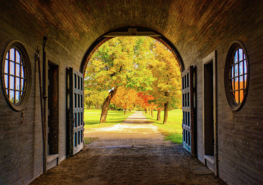 fall foliage view from historic  Barn at Shelburne farms  Photograph by Ann Moore